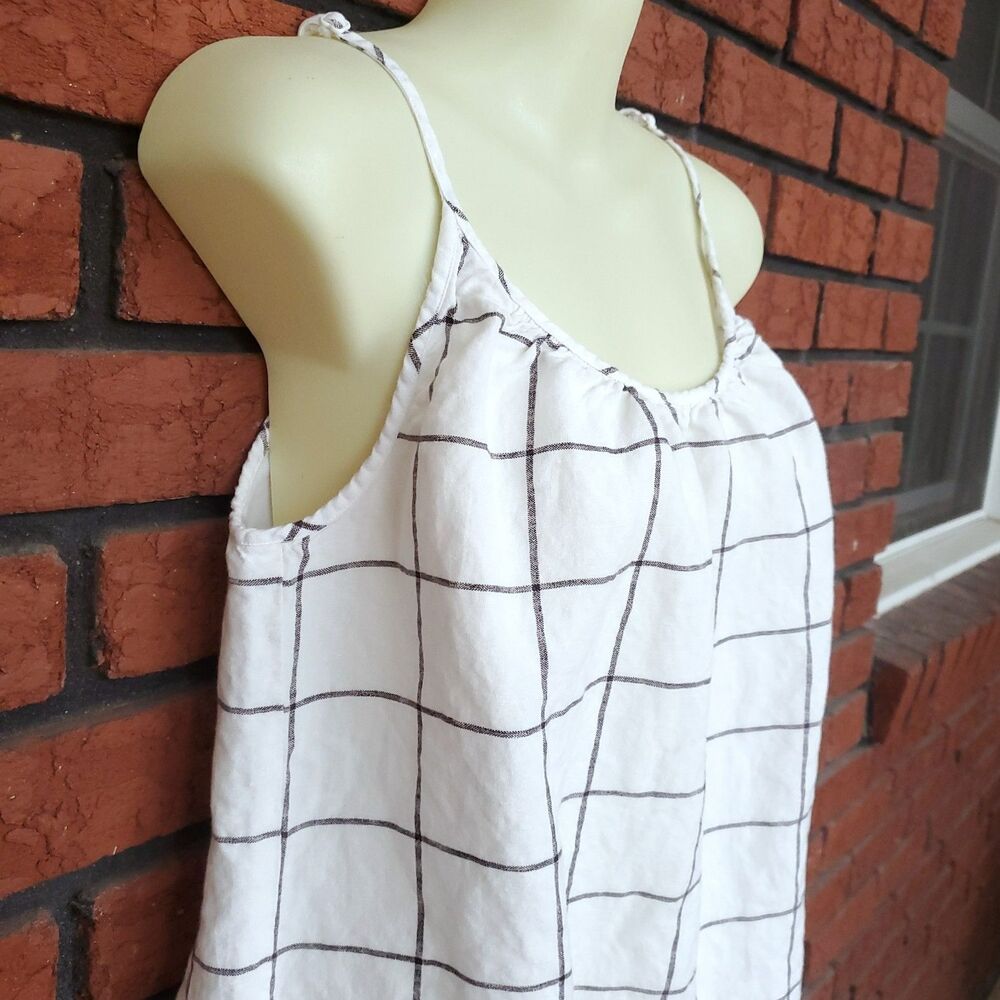 LOFT Linen Blend Tank Top Sz L White Windowpane Check Plaid Minimalist Coastal